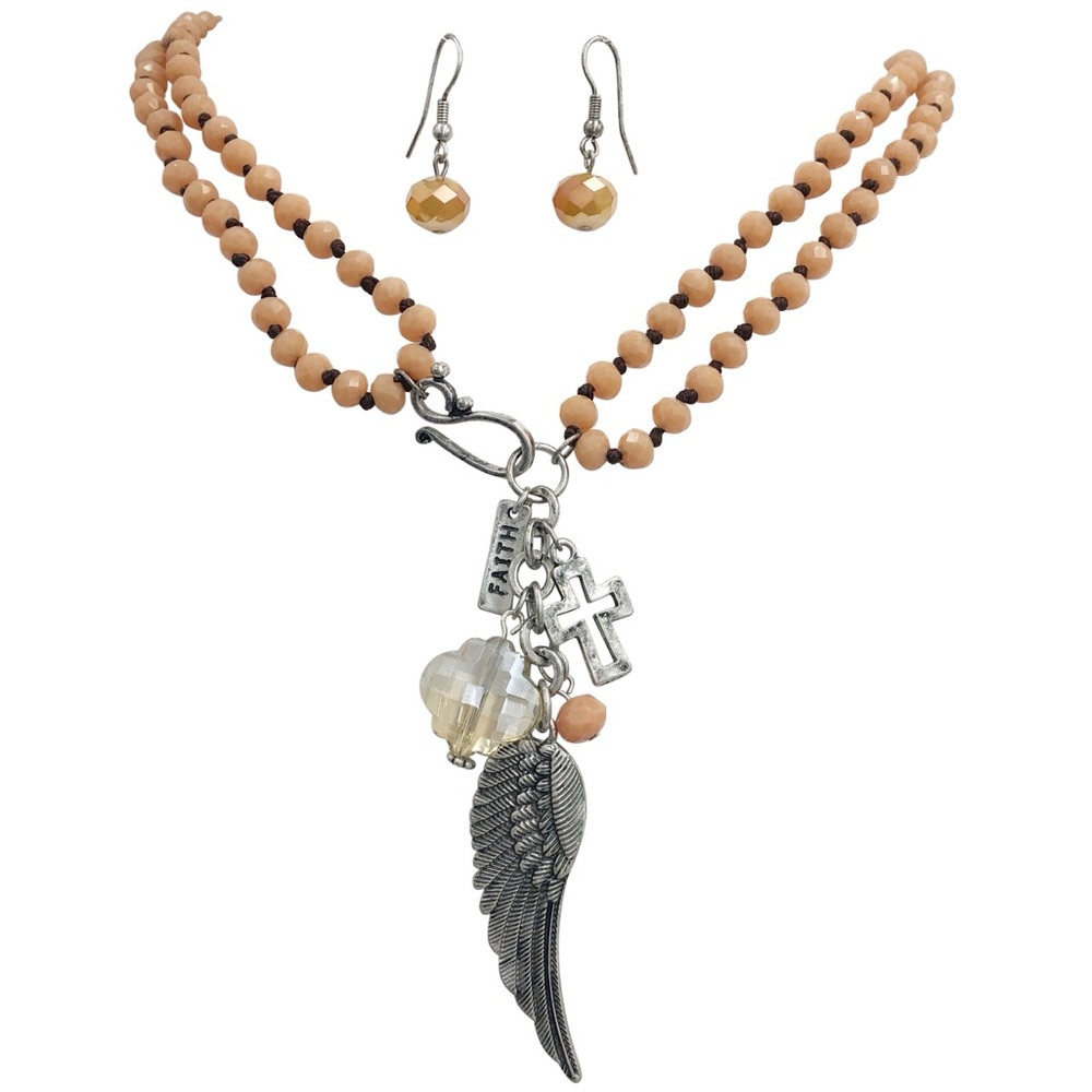 Faith Angel Wing Dual Function Brown Necklace Set